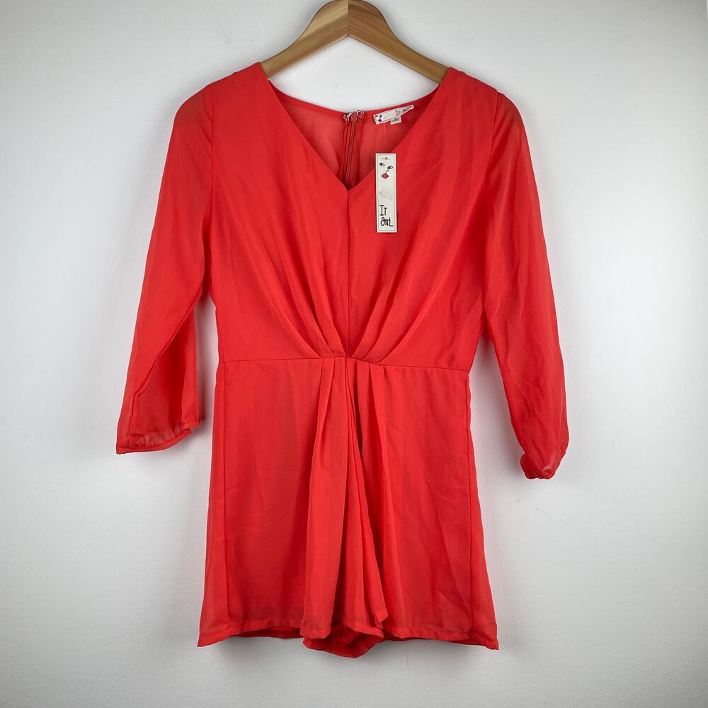 NWT It Girl Coral/Red Women Long Sleeve Pleated V neck Romper - S